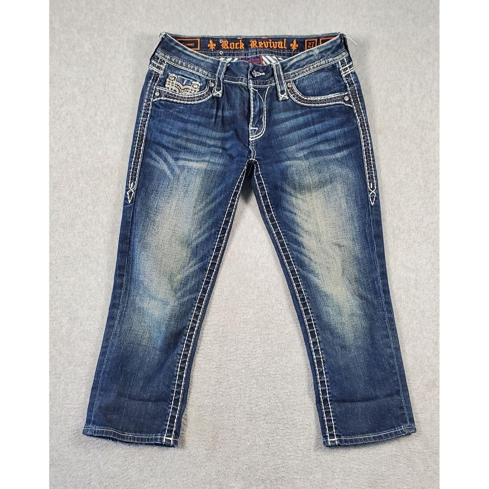 Rock Revival Jeans Womens 27 Blue Clover Capri Embroidered Flap Pockets Denim